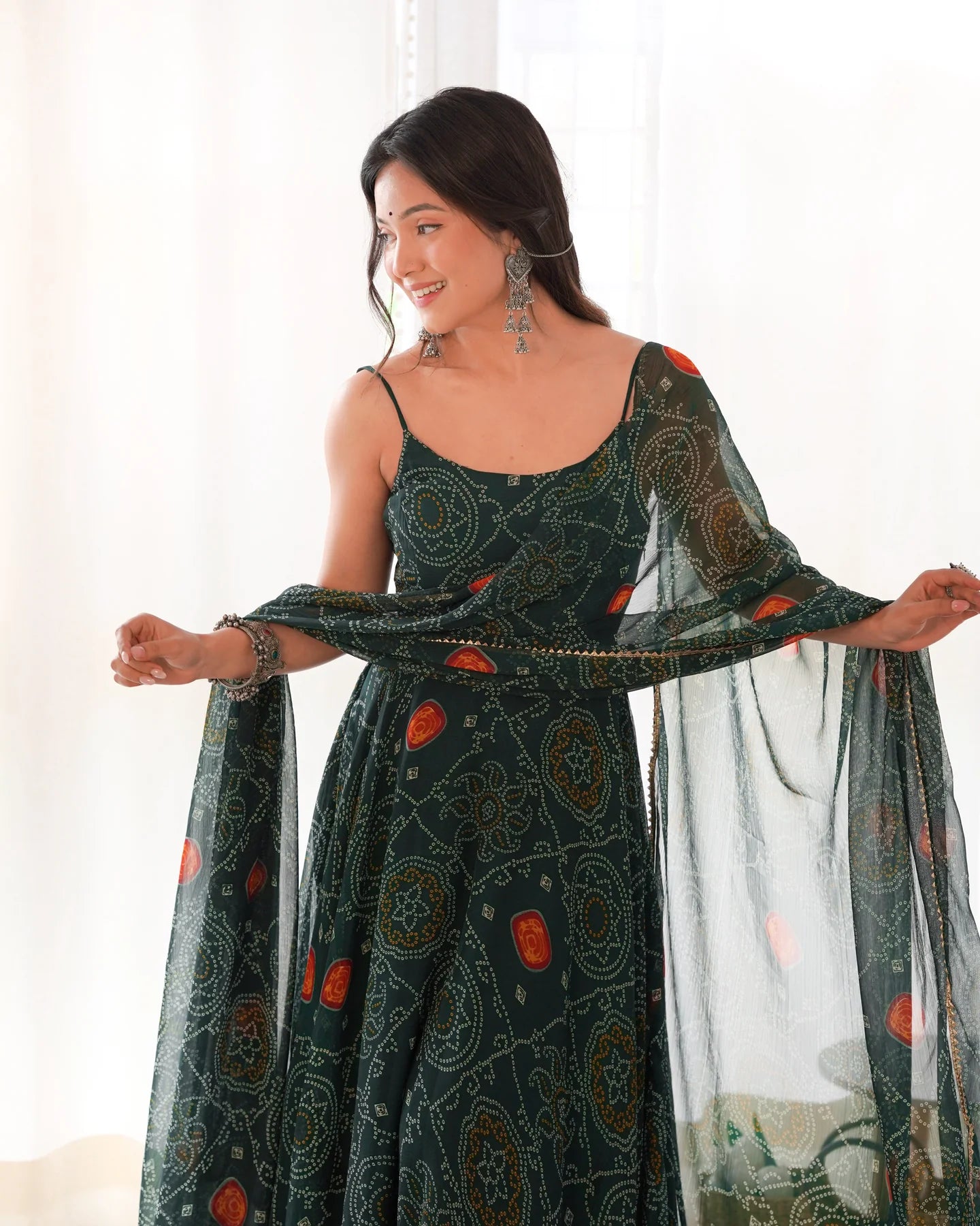 Floral Dark Green Color Bandhani Print Soft Chiffon Anarkali Gown