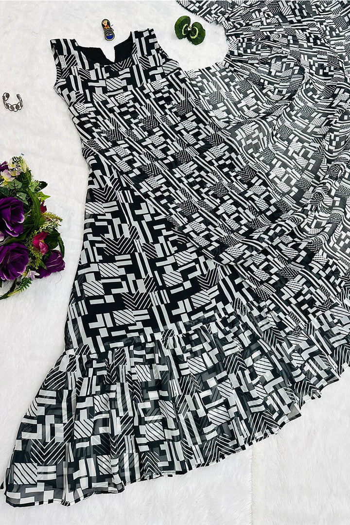 1-Minute Ready To Wear Georgette Gown Saree in black and white retro theme