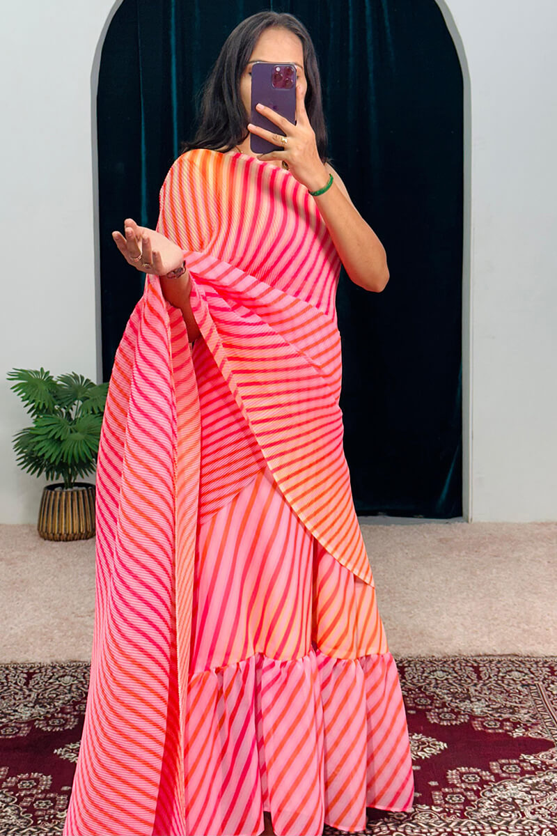 1-Minute Ready To Wear Georgette Gown Saree in  pink colour with lining print