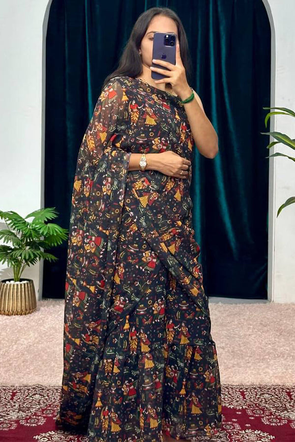 1-Minute Ready To Wear Georgette Gown Saree with garba print in black colour