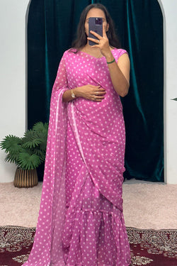 1-Minute Ready To Wear Georgette Gown Saree with white dots in pink print