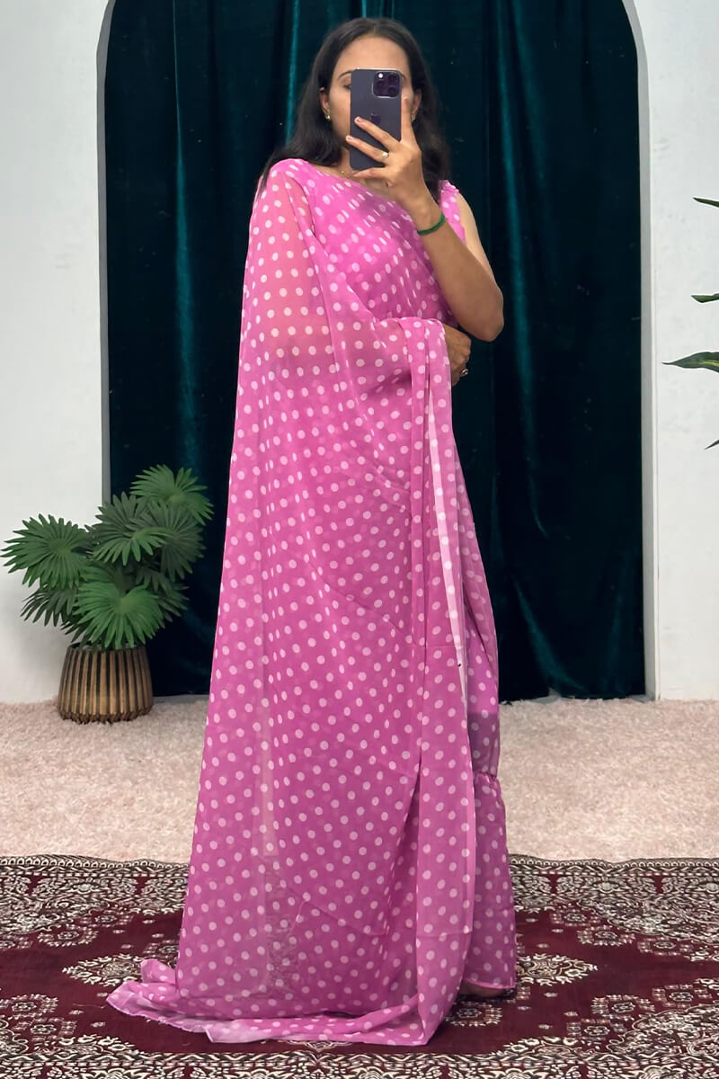 1-Minute Ready To Wear Georgette Gown Saree with white dots in pink print