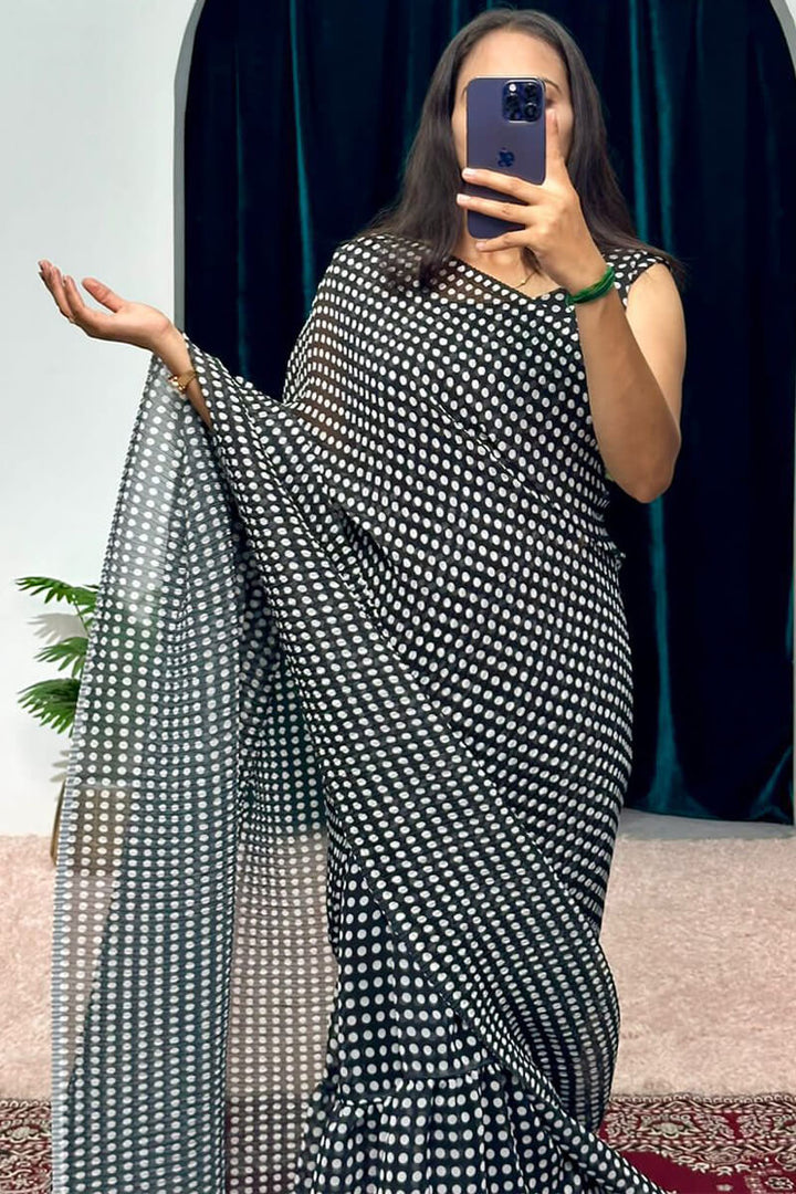 1-Minute Ready To Wear Georgette Gown Saree with white dots in black print