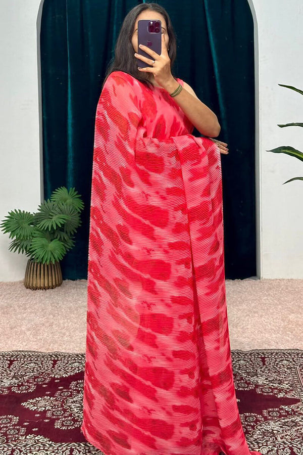 1-Minute Ready To Wear Georgette Gown Saree with pink spots print