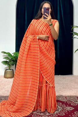 1-Minute Ready To Wear Georgette Gown Saree with orange laheriya print