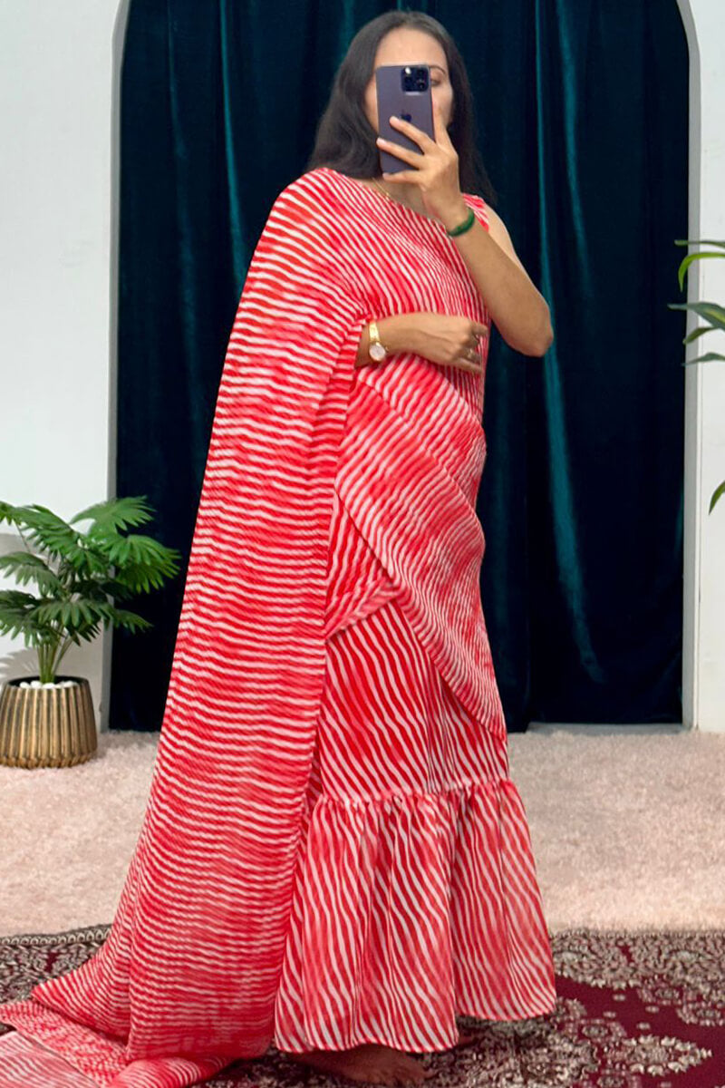 1-Minute Ready To Wear Georgette Gown Saree with laheriya red print