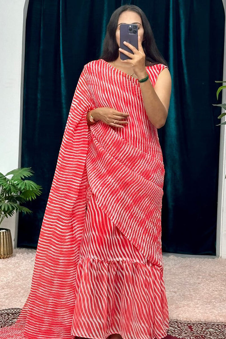 1-Minute Ready To Wear Georgette Gown Saree with laheriya red print