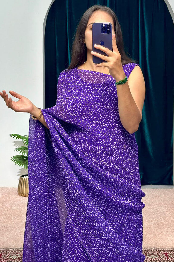 1-Minute Ready To Wear Georgette Gown Saree with purple bandhni print