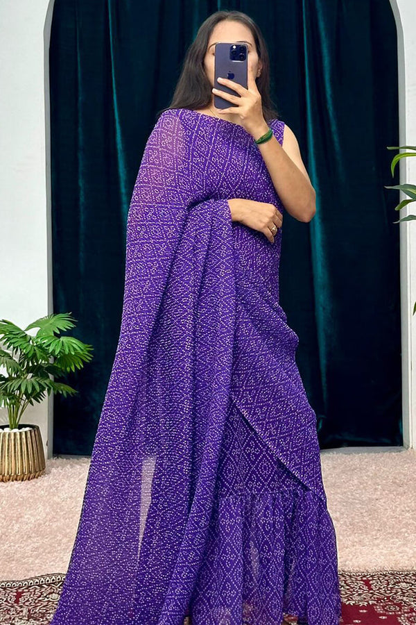 1-Minute Ready To Wear Georgette Gown Saree with purple bandhni print