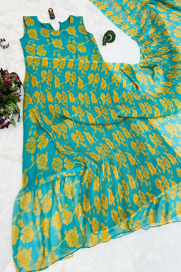 1-Minute Ready To Wear Georgette Gown Saree in rama colour with yellow print