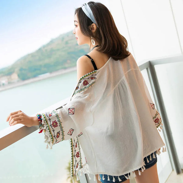 3/4-Sleeve Embroidered Fringed Open Front Jacket