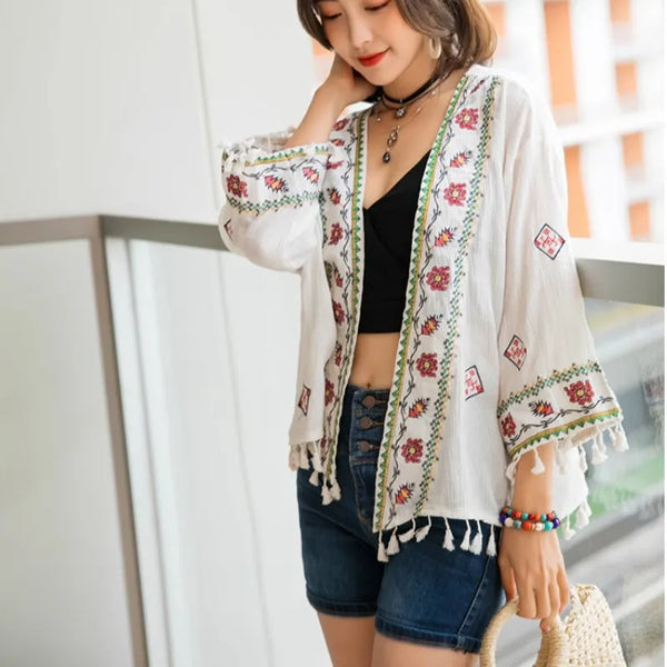 3/4-Sleeve Embroidered Fringed Open Front Jacket