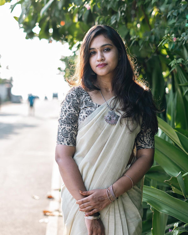 White colour traditional looking chanderi cotton saree