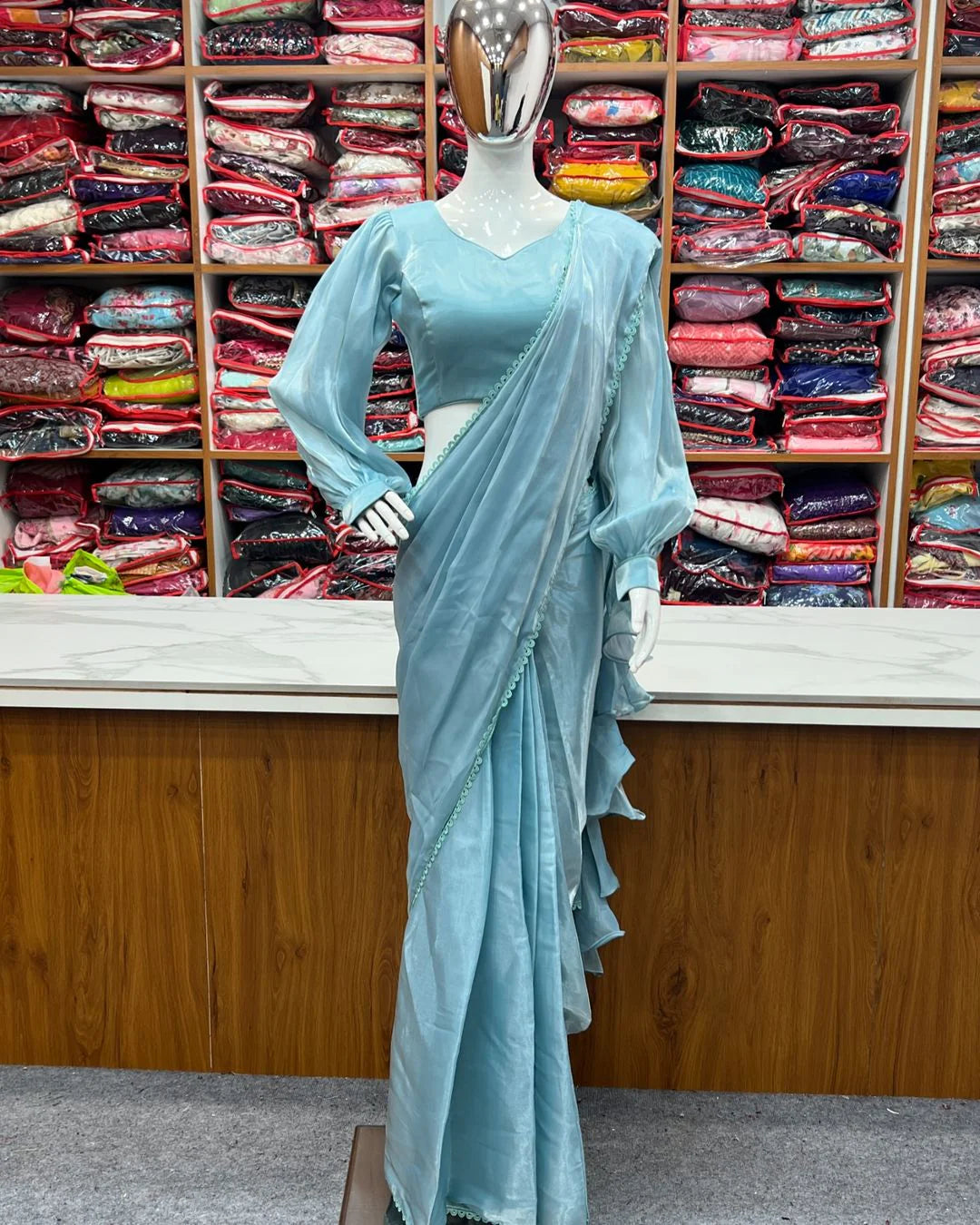 Sky Color Jimmy Choo Pre Drapped Saree