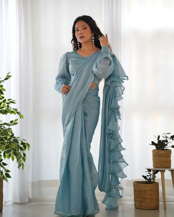 Sky Color Jimmy Choo Pre Drapped Saree