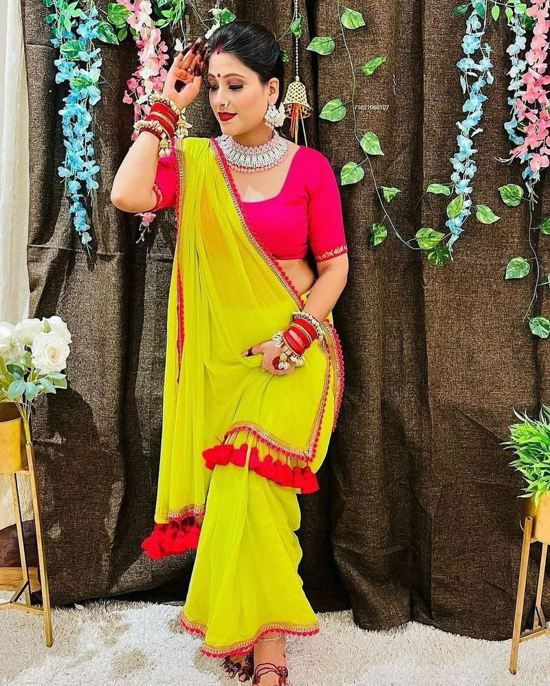 PARROT YELLOW SMOTH GEORGETTE FABRIC WITH BEAUTIFUL EMBROIDERY LACE SAREE