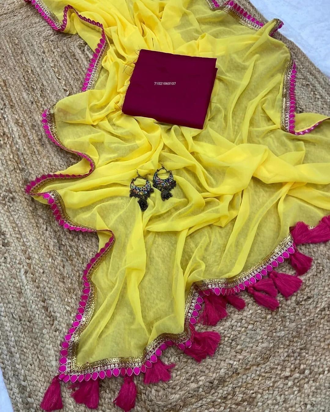 PARROT YELLOW SMOTH GEORGETTE FABRIC WITH BEAUTIFUL EMBROIDERY LACE SAREE