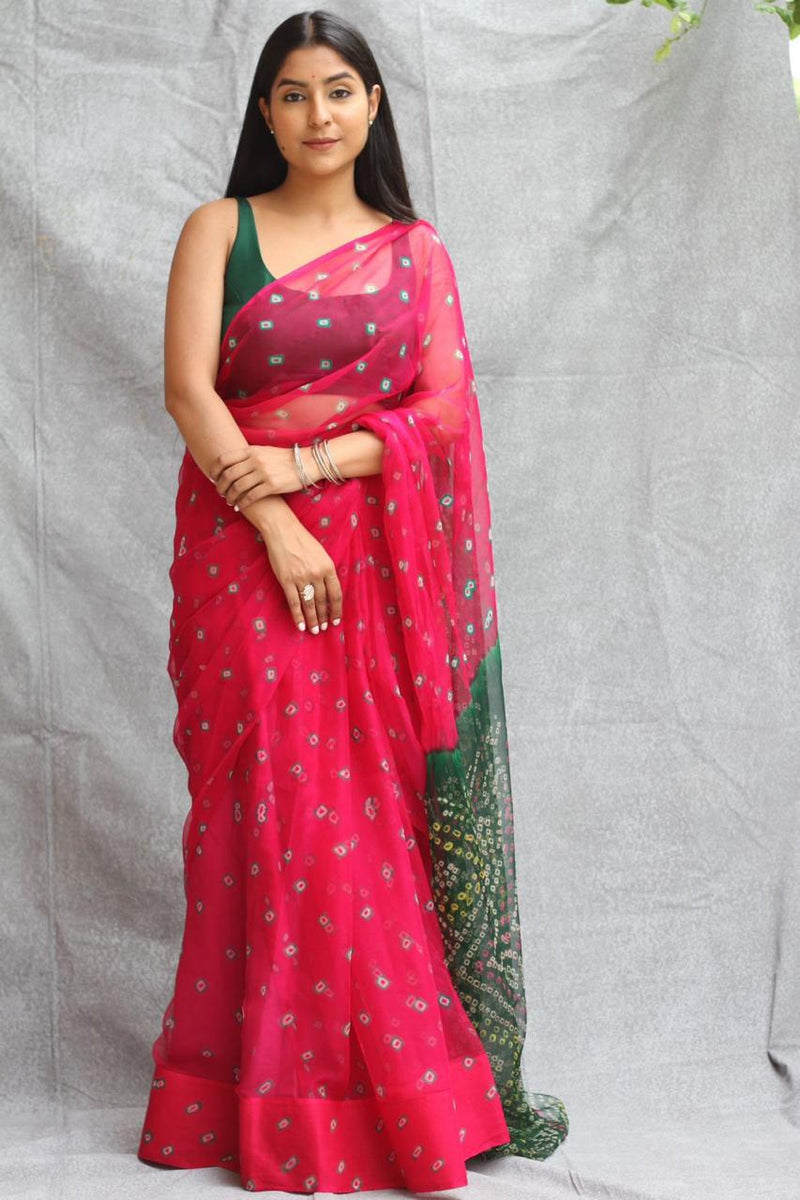 Dark Pink Green Georgette Bandhani Saree