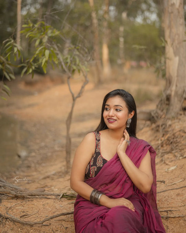 Purple colour traditional looking Chanderi cotton saree