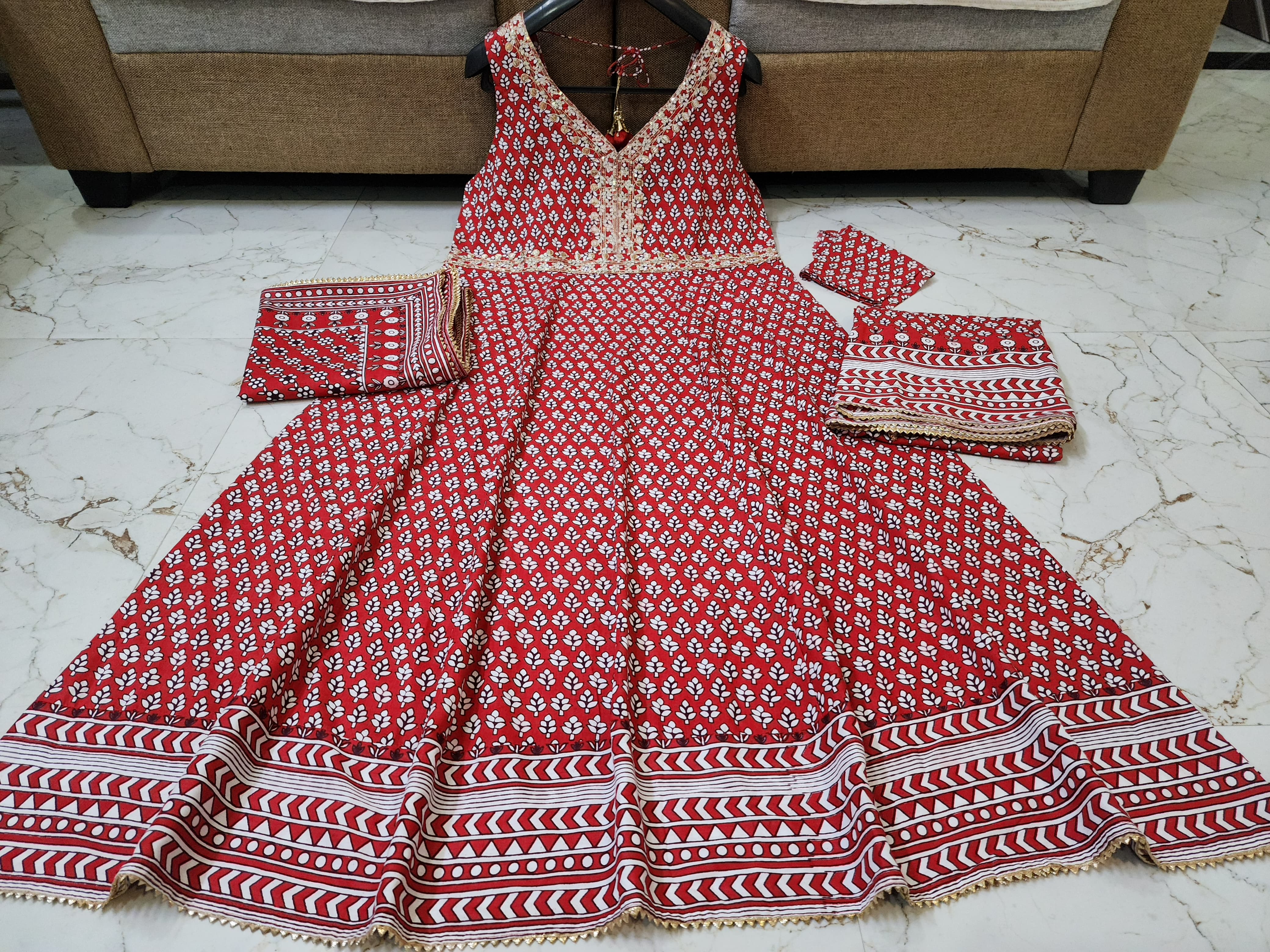 Printed Mul Anarkali Set - Red