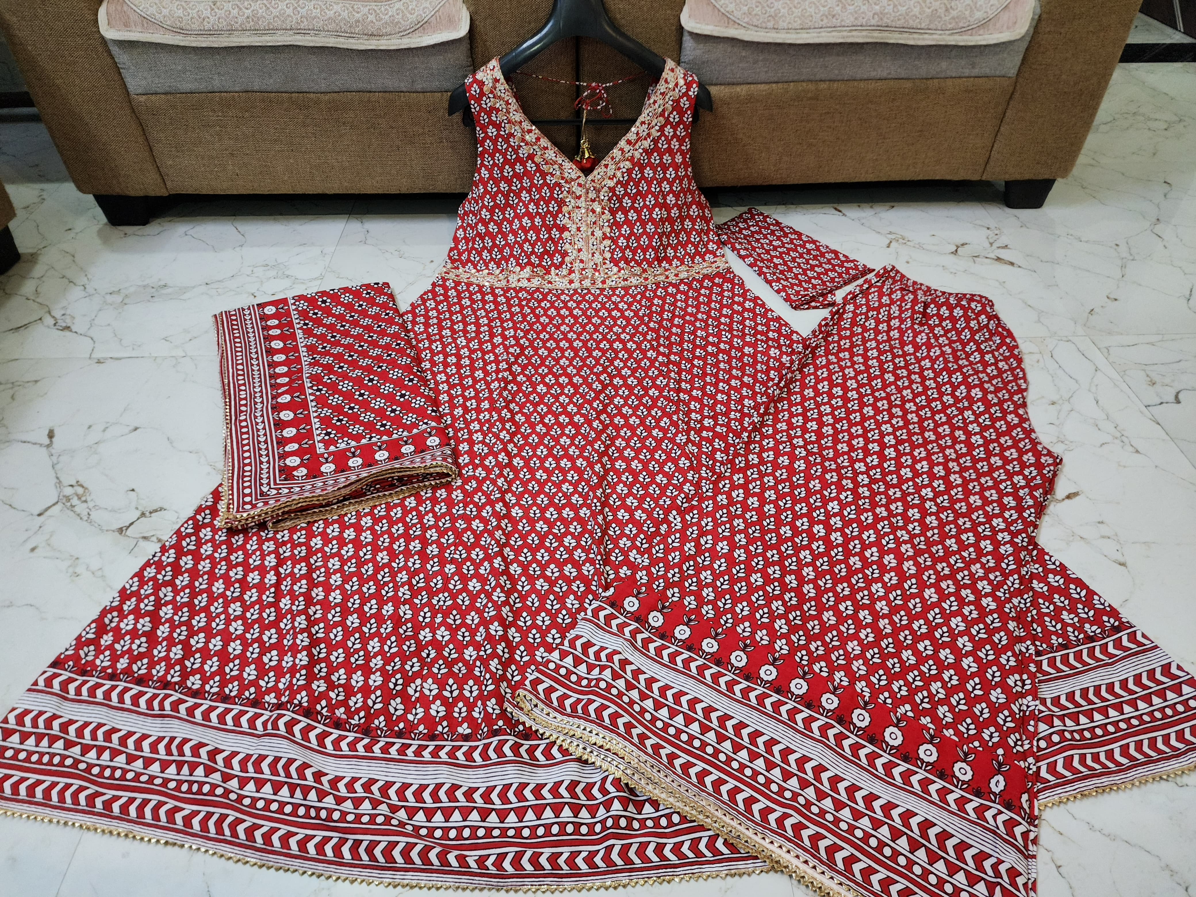 Printed Mul Anarkali Set - Red