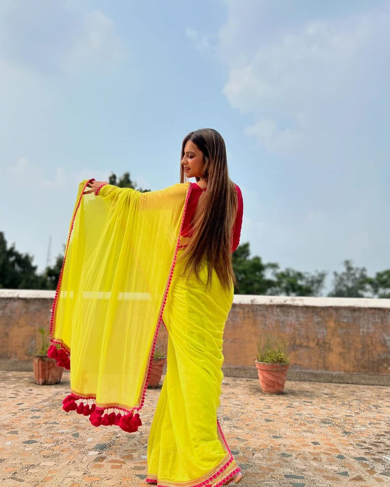 PARROT YELLOW SMOTH GEORGETTE FABRIC WITH BEAUTIFUL EMBROIDERY LACE SAREE