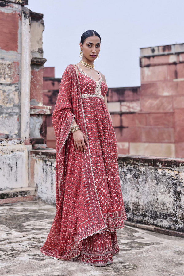 Printed Mul Anarkali Set - Red