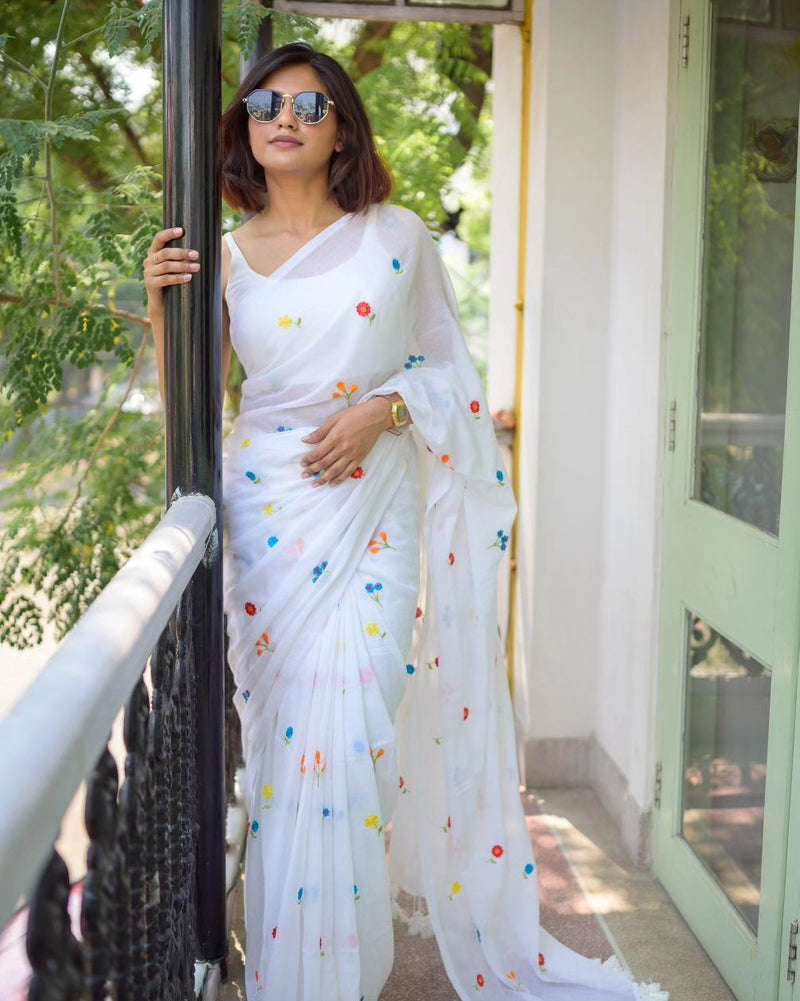 White Embroidered Mulmul Cotton Saree