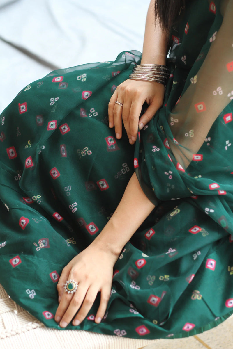 Dark Green Georgette Bandhani Saree