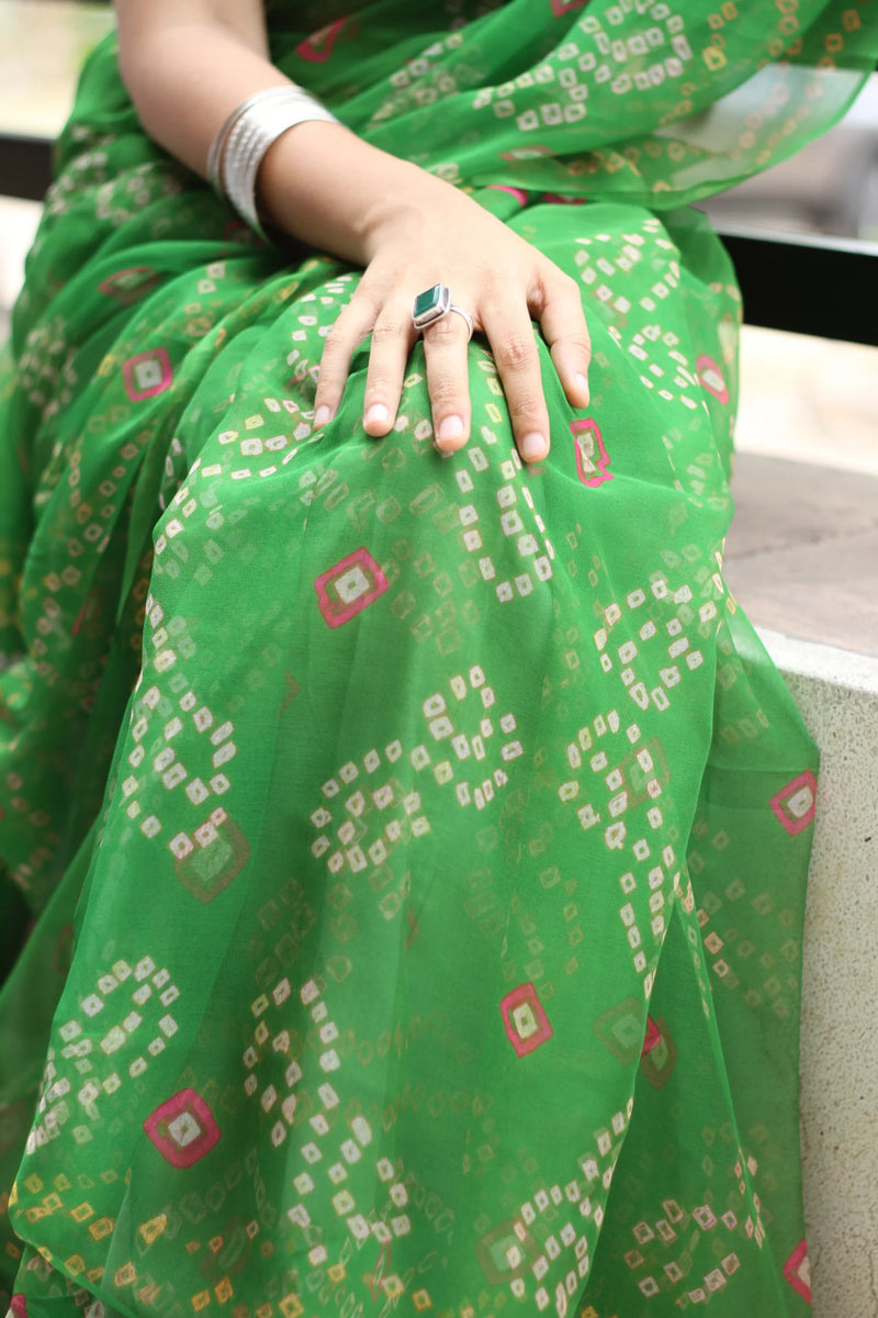 Parrot Green Georgette Bandhani Saree