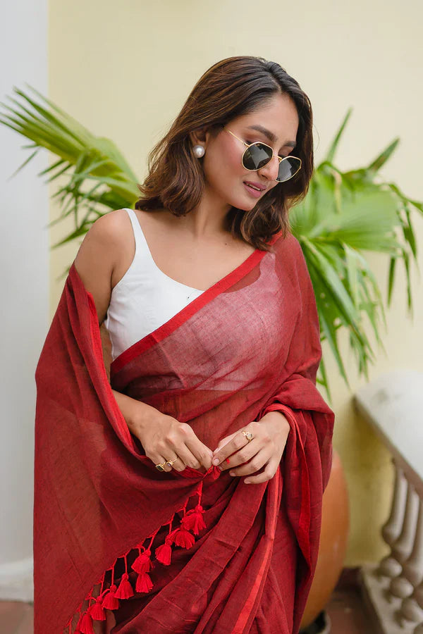 Maroon Mulmul Cotton Saree