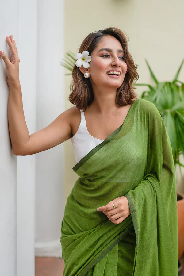 Green Mulmul Cotton Saree