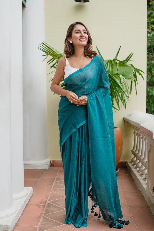 Teal Green Mulmul Cotton Saree