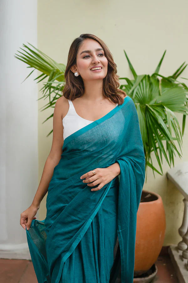 Teal Green Mulmul Cotton Saree