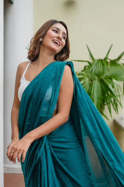 Teal Green Mulmul Cotton Saree