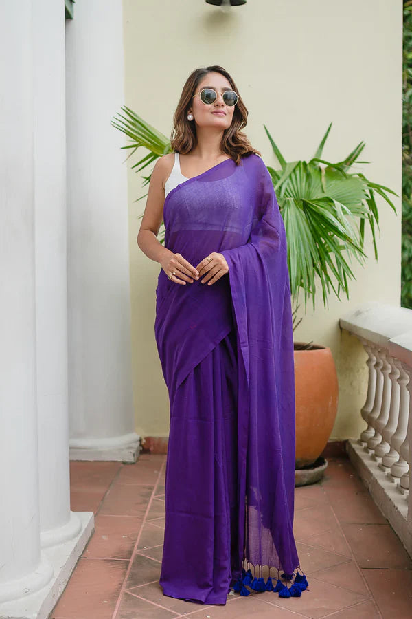 Purple Mulmul Cotton Saree