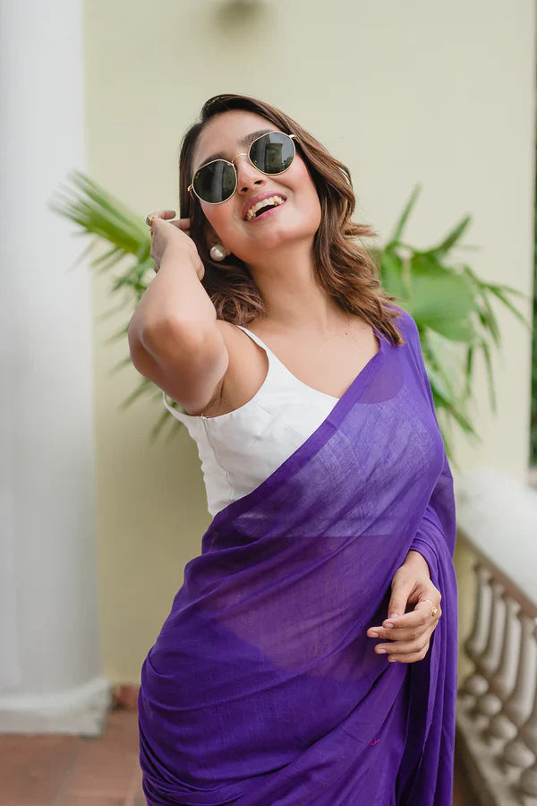 Purple Mulmul Cotton Saree