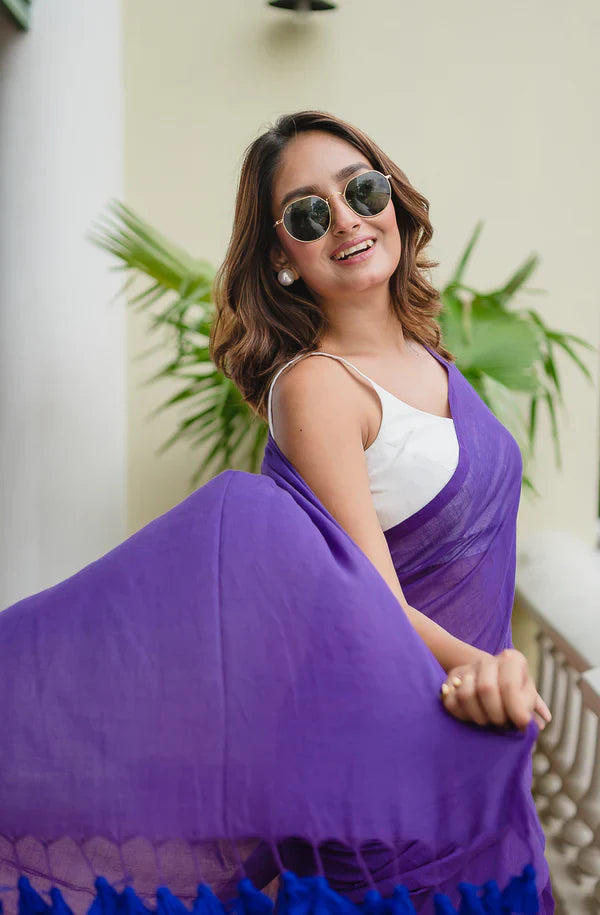 Purple Mulmul Cotton Saree