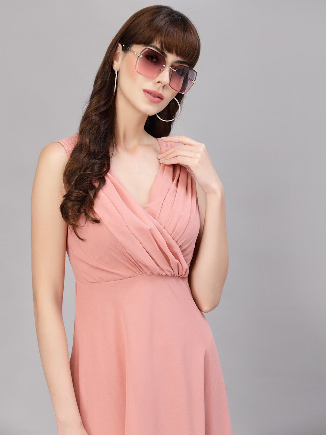 V-Neck Fit & Flare Georgette Dress (PEACH)