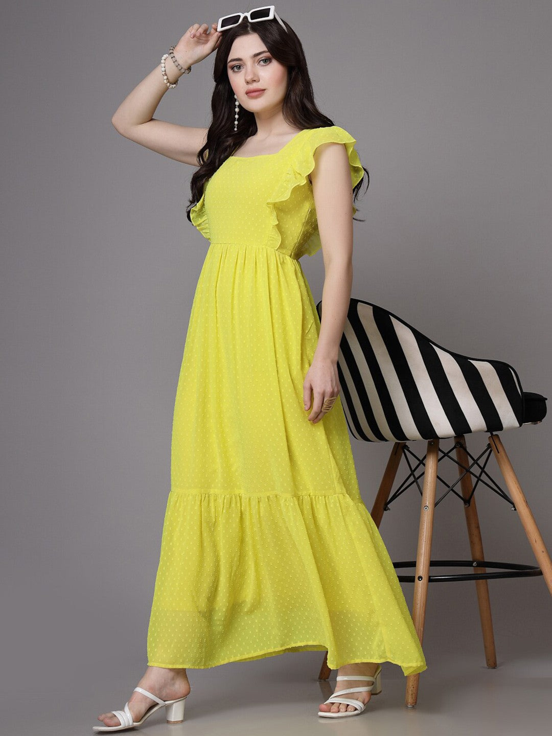 Swiss-Dot Square-Neck Tiered Dress ( LIME YELLOW )