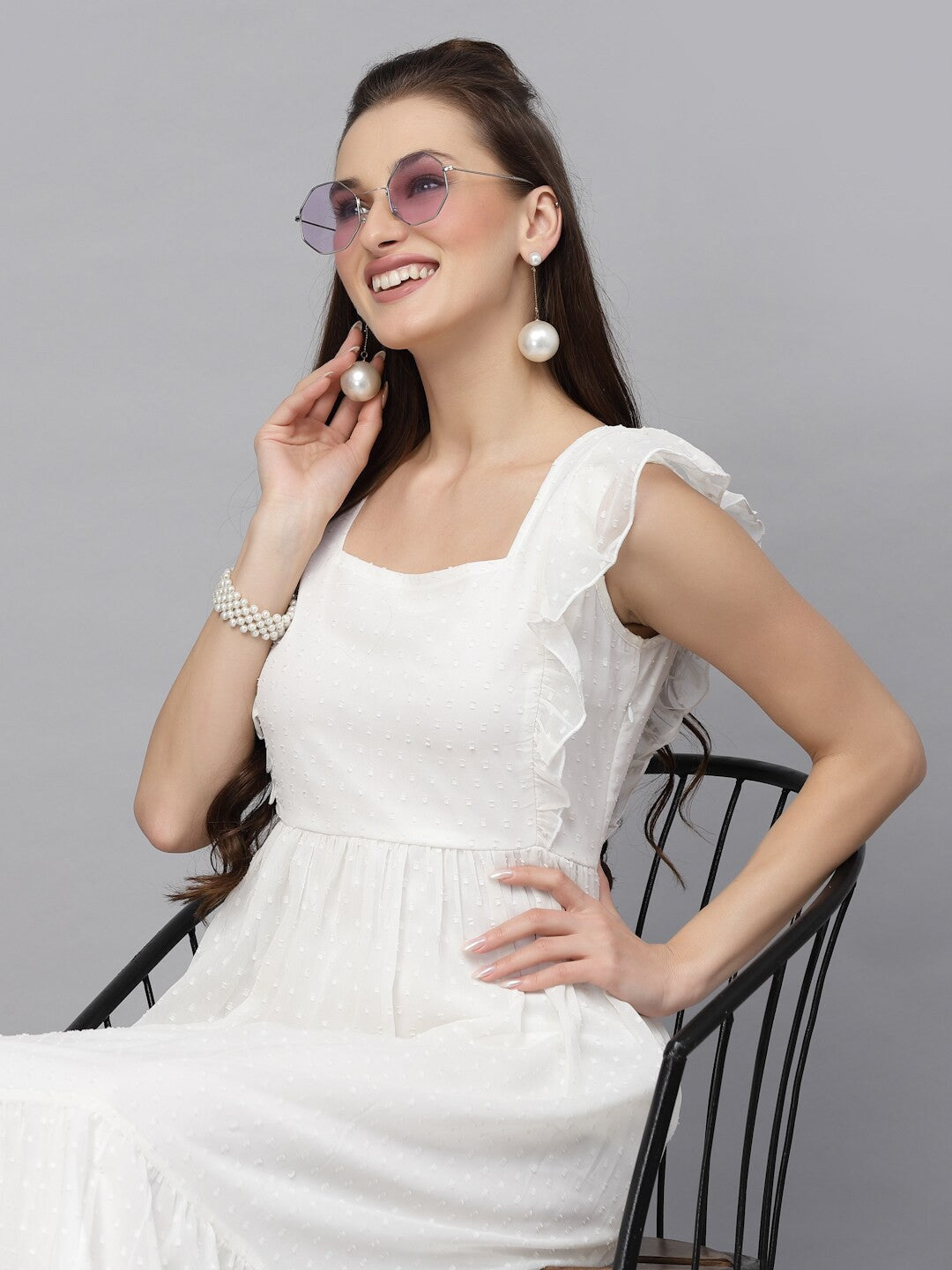 Swiss-Dot Square-Neck Tiered Dress ( SWAN WHITE )