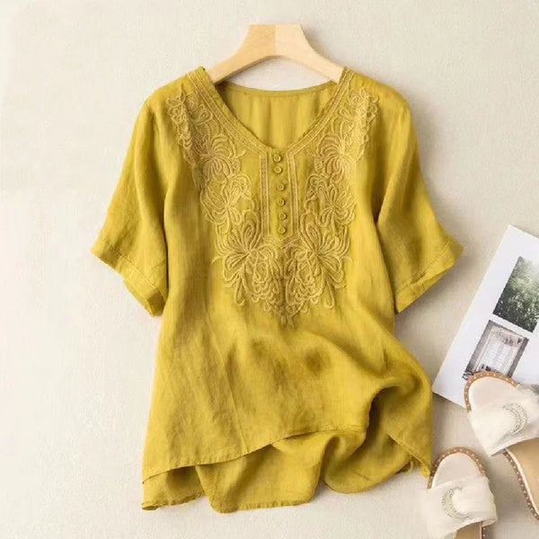 Women Cotton Casual Short Sleeve Shirt Blouse Jacquard Embroidery O-Neck Curved Hem Plus Size Loose Casual Tops (YELLOW)