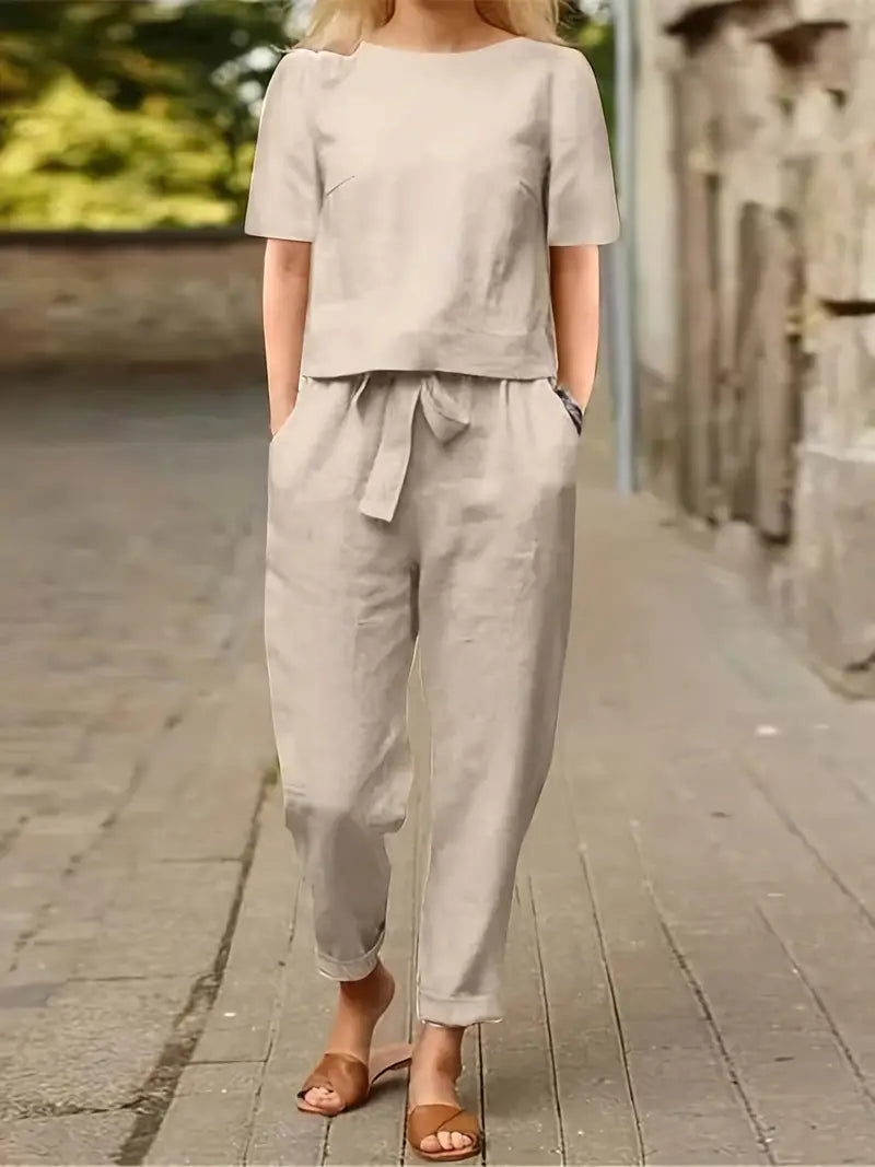 WOMEN'S COTTON PLAIN CROP TOP & TROUSERS NIGHT SUIT SET