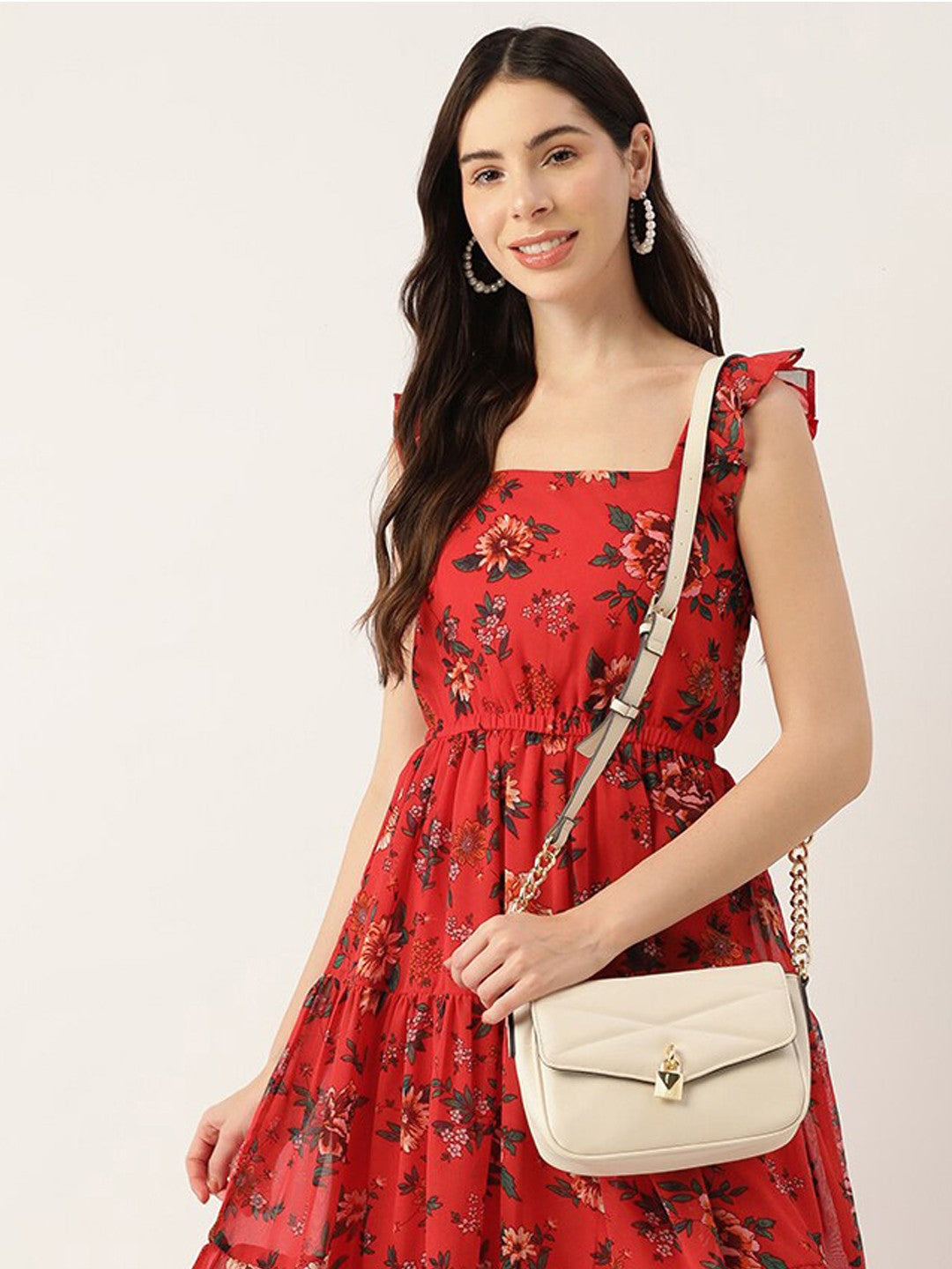 Red Floral Printed Tiered Detailed Square Neck Fit & Flare Dress