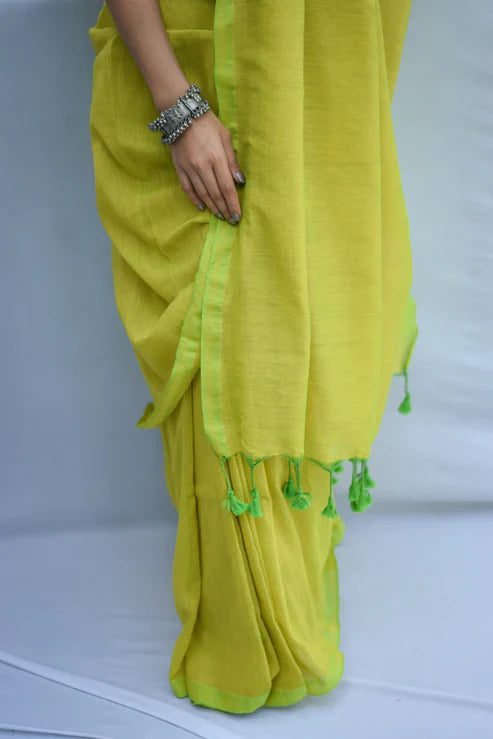 Lime Green Mulmul Cotton Saree