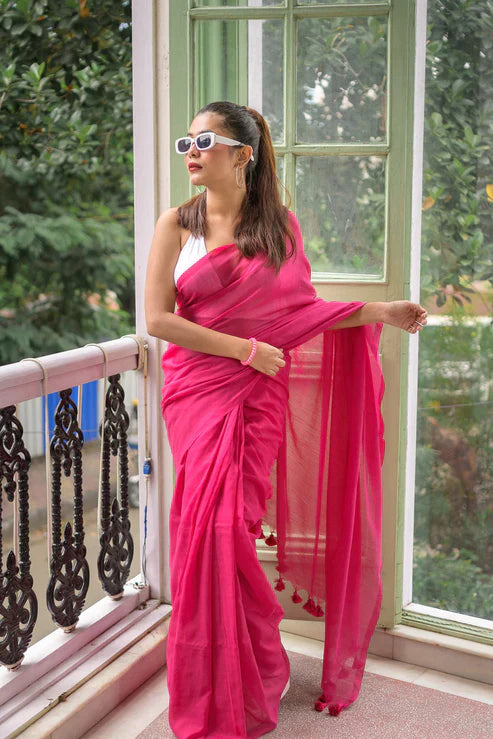 Hot Pink Soft Cotton Saree