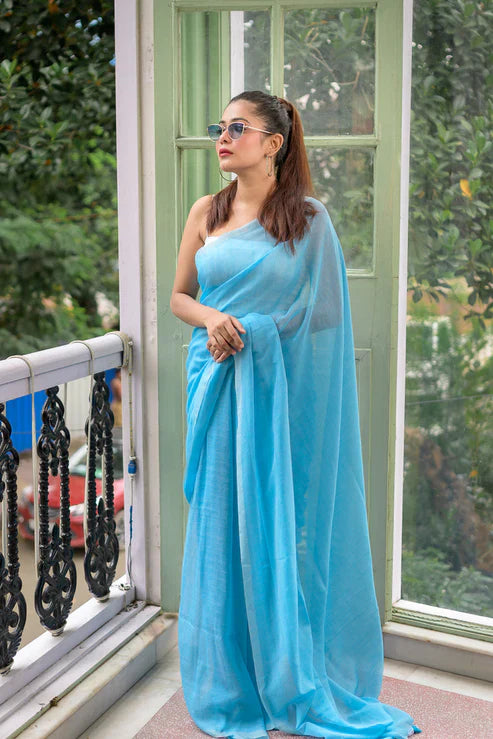 Sky Blue Mulmul Cotton Saree