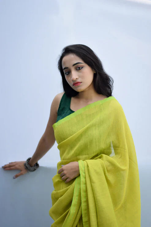 Lime Green Mulmul Cotton Saree