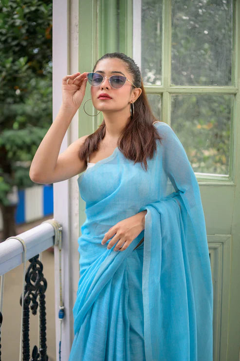 Sky Blue Mulmul Cotton Saree