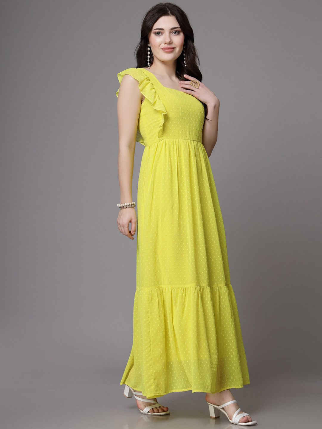 Swiss-Dot Square-Neck Tiered Dress ( LIME YELLOW )